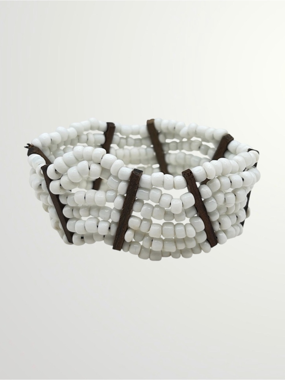 White Beaded Stretch Bracelet with Brown Accent